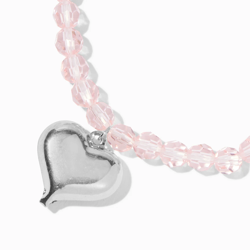 Puffy Heart Charm Pink Beaded Stretch Bracelet