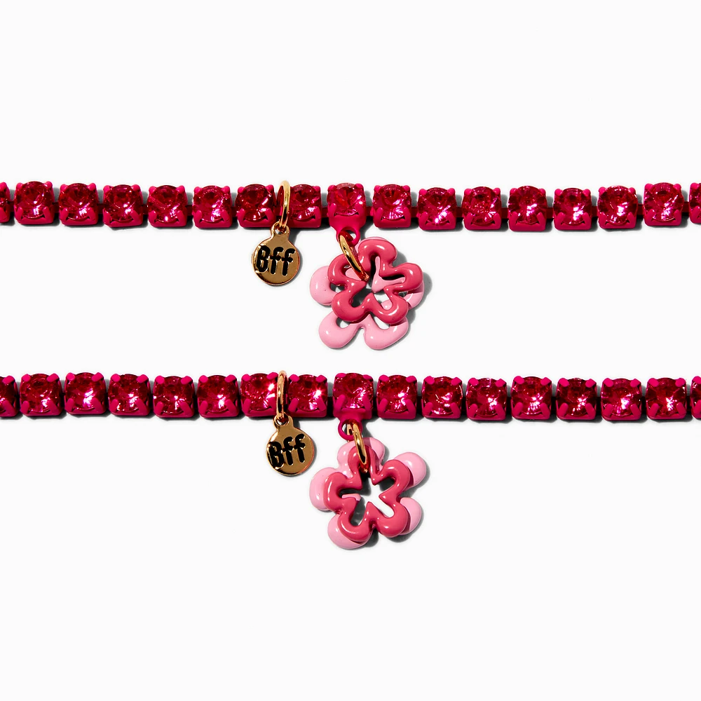 Best Friends Pink Enamel Flower Rhinestone Bracelets - 2 Pack