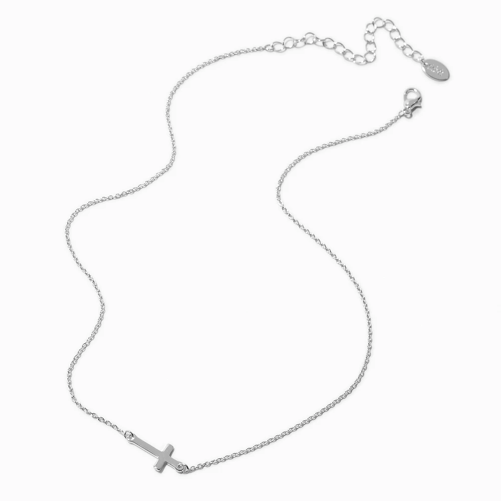 Silver-tone Sideway Cross Pendant Necklace