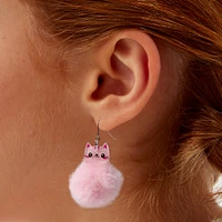 Pink Cat Pom Pom 1.5" Drop Earrings
