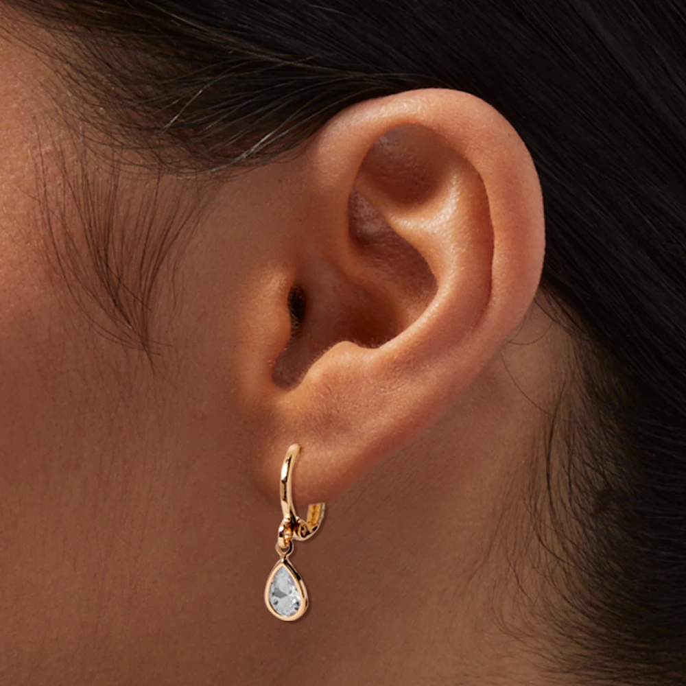 Pear Cubic Zirconia Gold-tone Huggie Hoop Drop Earrings