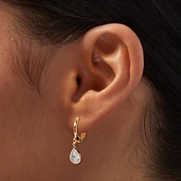 Pear Cubic Zirconia Gold-tone Huggie Hoop Drop Earrings