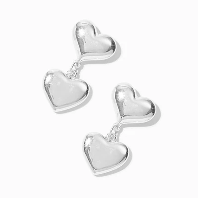 Silver-tone Puffy Double Heart Drop Earrings