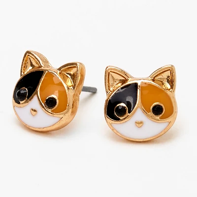 Gold-tone Calico Cat Stud Earrings