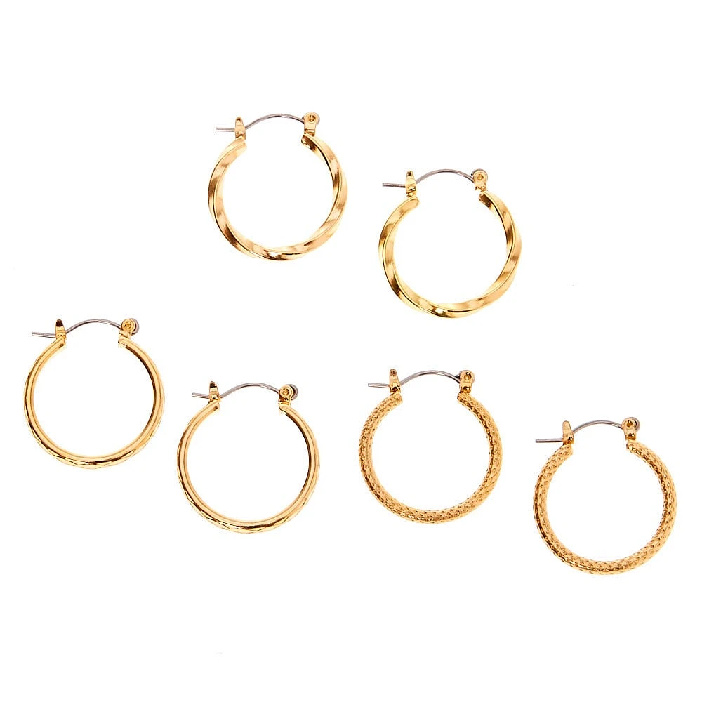 Gold-tone Thick Textured 20mm Hoop Earrings - 3 Pack