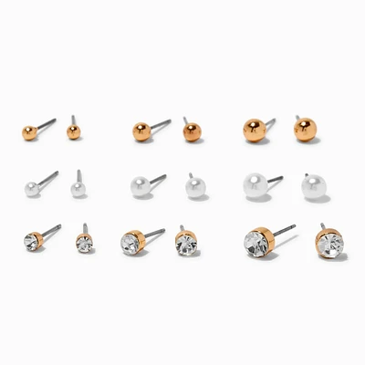Gold-tone Graduated Ball, Crystal & Pearl Earrings Set - 9 Pack
