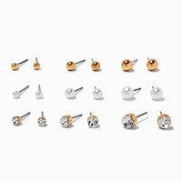 Gold-tone Graduated Ball, Crystal & Pearl Earrings Set - 9 Pack