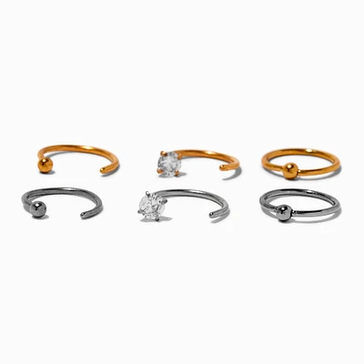 20G Mixed Metal Titanium Cubic Zirconia Nose Hoops - 6 Pack