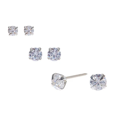 Silver-tone Cubic Zirconia 3mm, 4mm, & 5mm Round Stud Earrings - 3 Pack 