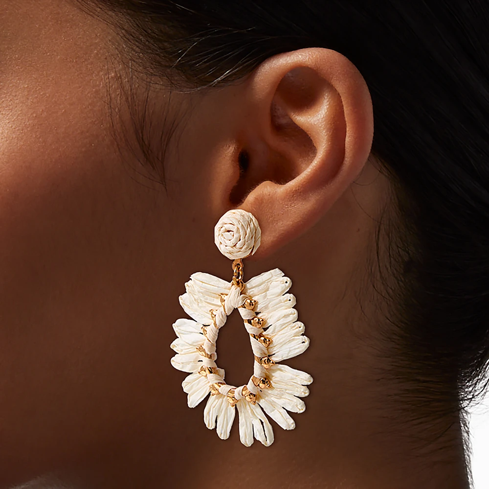 Tan Raffia Teardrop Drop Earrings