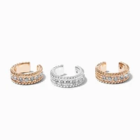 Mixed Metal Thick Embellished Ear Cuffs - 3 Pack