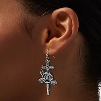 Silver-tone Dagger & Rose Drop Earrings 