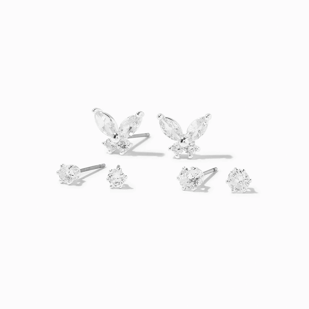 Silver-tone Cubic Zirconia Butterfly & 3mm & 4mm Stud Earrings - 3 Pack