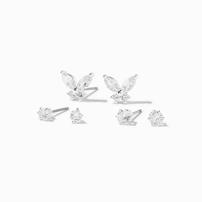 Silver-tone Cubic Zirconia Butterfly & 3mm & 4mm Stud Earrings - 3 Pack