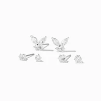 Silver-tone Cubic Zirconia Butterfly & 3mm & 4mm Stud Earrings - 3 Pack