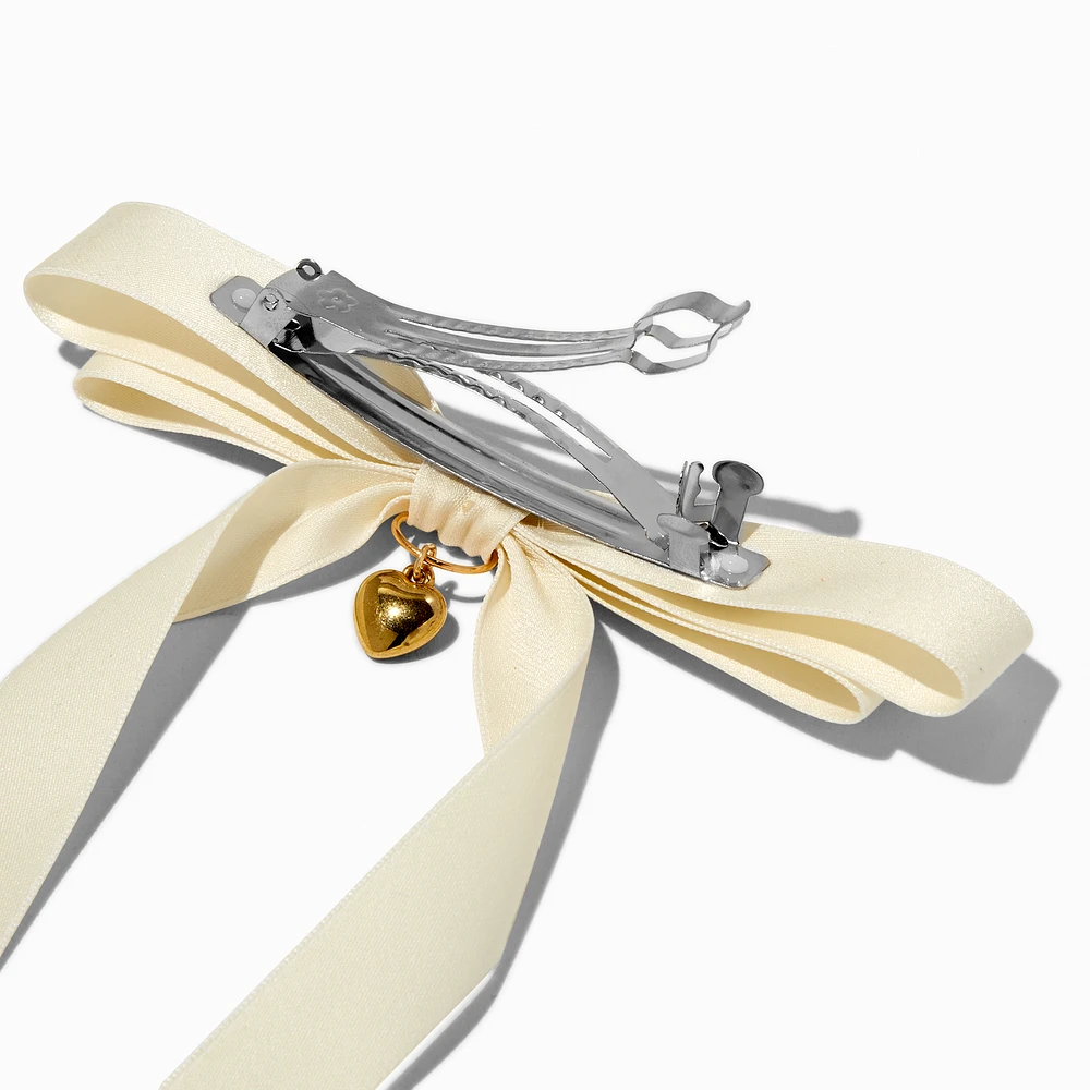 T H E M E x Claire's White Long Tail Gold-tone Heart Charm Hair Bow Clip