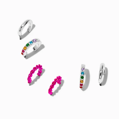 Silver-tone Pink Rainbow Hoop Earring Stackables Set - 3 Pack