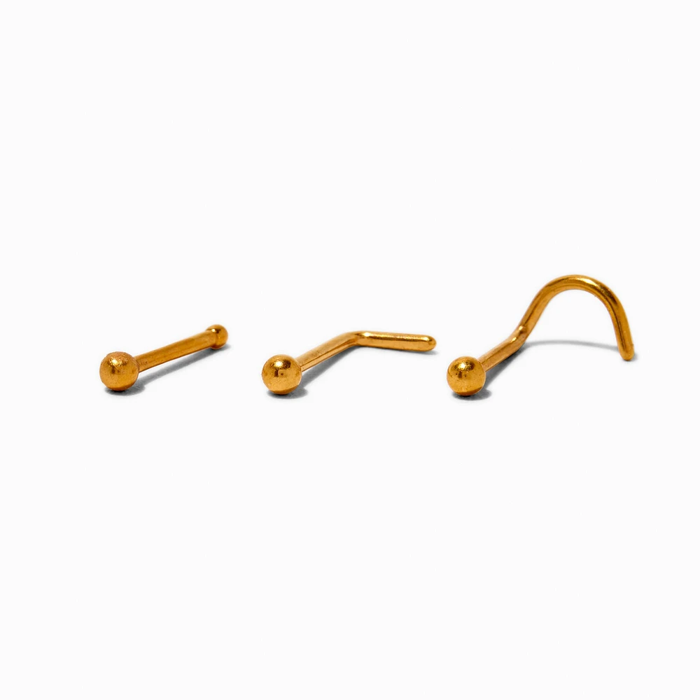 20G Gold-tone Titanium Ball Nose Studs - 3 Pack