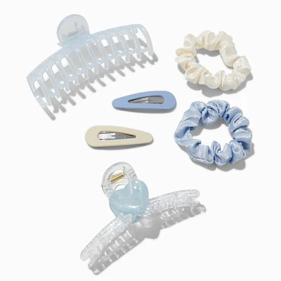 Blue & Cream Mixed Scrunchie & Hair Clip Set - 6 Pack