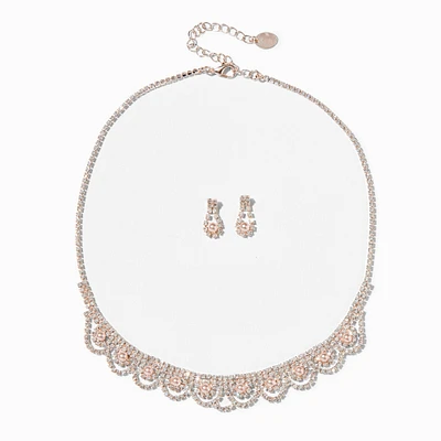 Rose Gold Rhinestone Scalloped Necklace & Earrings Set - 2 Pack