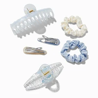 Blue & Cream Mixed Scrunchie & Hair Clip Set - 6 Pack