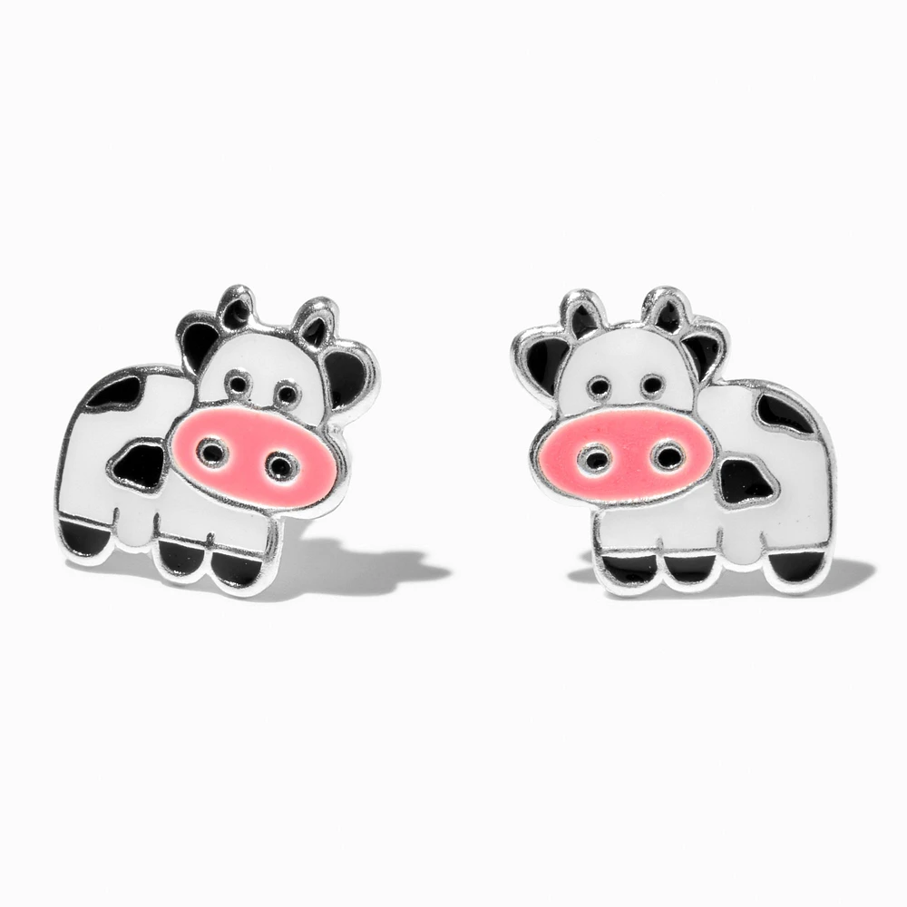 Sterling Silver Enamel Cow Stud Earrings