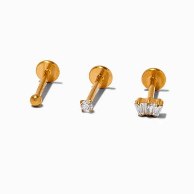 Gold-tone Titanium Cubic Zirconia Ball 18G Stud Threadless Cartilage Earrings - 3 Pack
