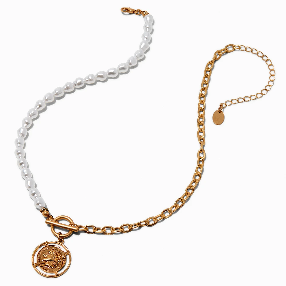 Half Pearl Gold-tone Chain Coin Pendant Necklace