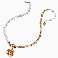 Half Pearl Gold-tone Chain Coin Pendant Necklace
