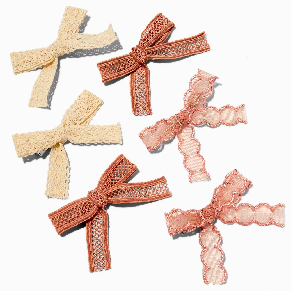 Mixed Boho Tan Lace Hair Bow Clips - 6 Pack