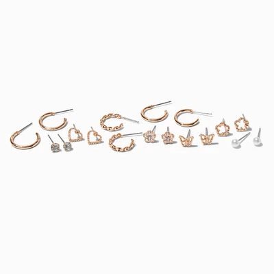 Gold-tone Butterfly Flowers Earrings Set - 9 Pack 