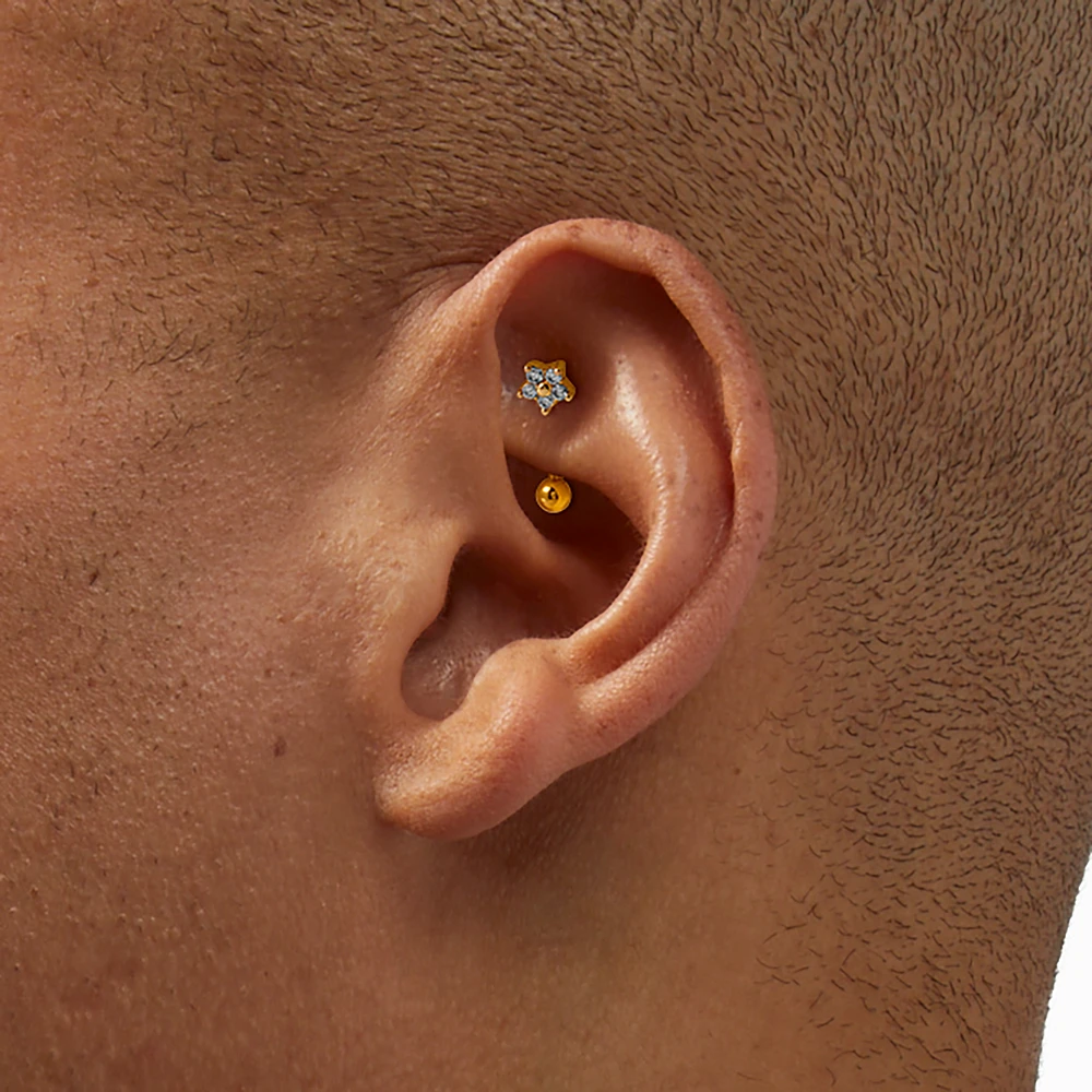 Gold-tone Stainless Steel Cubic Zirconia 16G Star, Butterfly & Flower Stud Rook Earrings - 3 Pack
