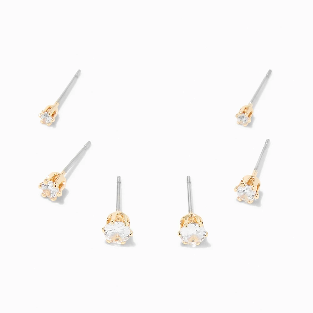 Gold-tone Cubic Zirconia 2mm, 3mm, & 4mm Round Stud Earrings
