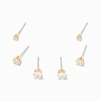 Gold-tone Cubic Zirconia 2mm, 3mm, & 4mm Round Stud Earrings