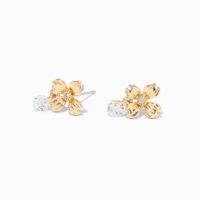 Gold-tone Flower Cubic Zirconia Charm Stud Earrings