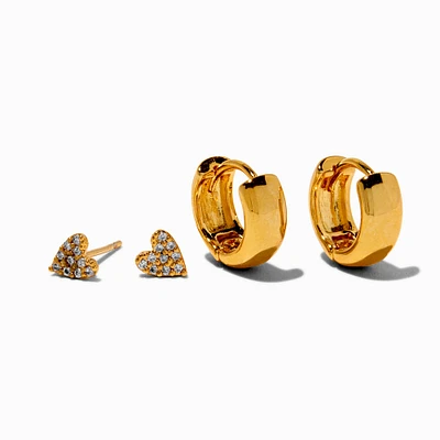 C LUXE by Claire's 18kt Gold Plated Crystal Heart Studs & Hoop Earrings