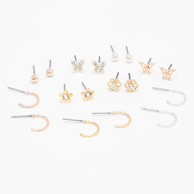 Mixed Metal Flower Butterfly Earrings - 9 Pack