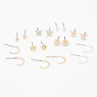Mixed Metal Flower Butterfly Earrings - 9 Pack