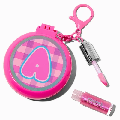 Pink Plaid Initial Hair Brush & Lip Gloss Keychain