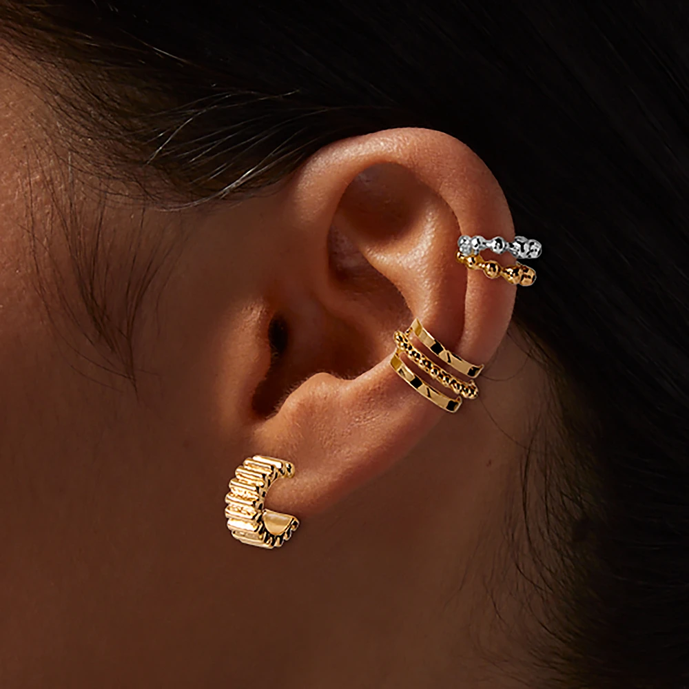 Gold-tone Textured Hoop & Ear Cuff Stack - 3 Pack