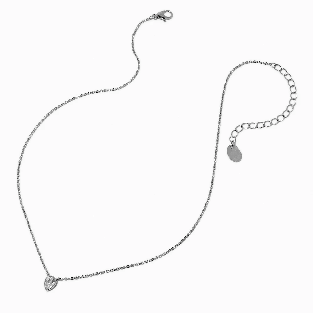 Silver-tone Cubic Zirconia Teardrop Pendant Necklace
