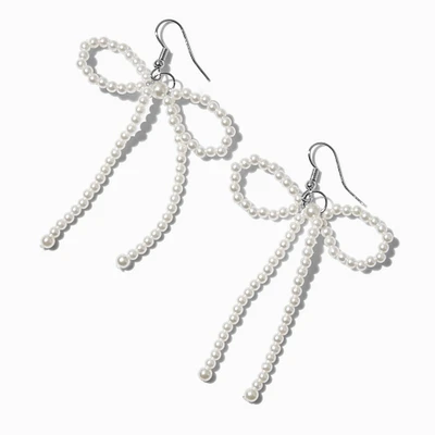 White Pearl Bow 3" Drop Earrings 