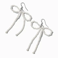 White Pearl Bow 3" Drop Earrings 