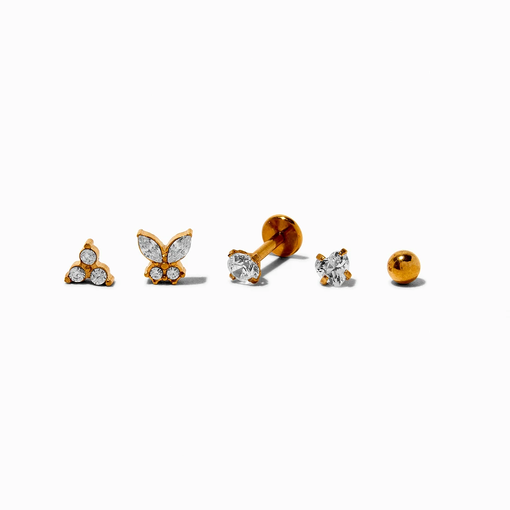 Gold-tone Stainless Steel Cubic Zirconia Butterfly Changeable 18G Tragus Flat Back Earrings - 5 Pack