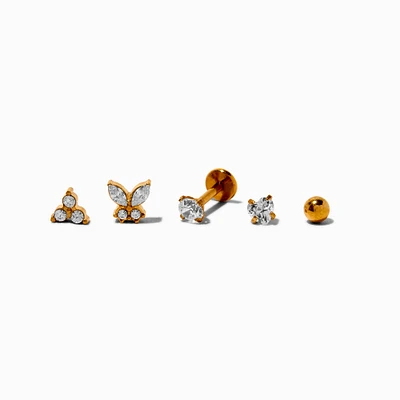 Gold-tone Stainless Steel Cubic Zirconia Butterfly Changeable 18G Tragus Flat Back Earrings - 5 Pack