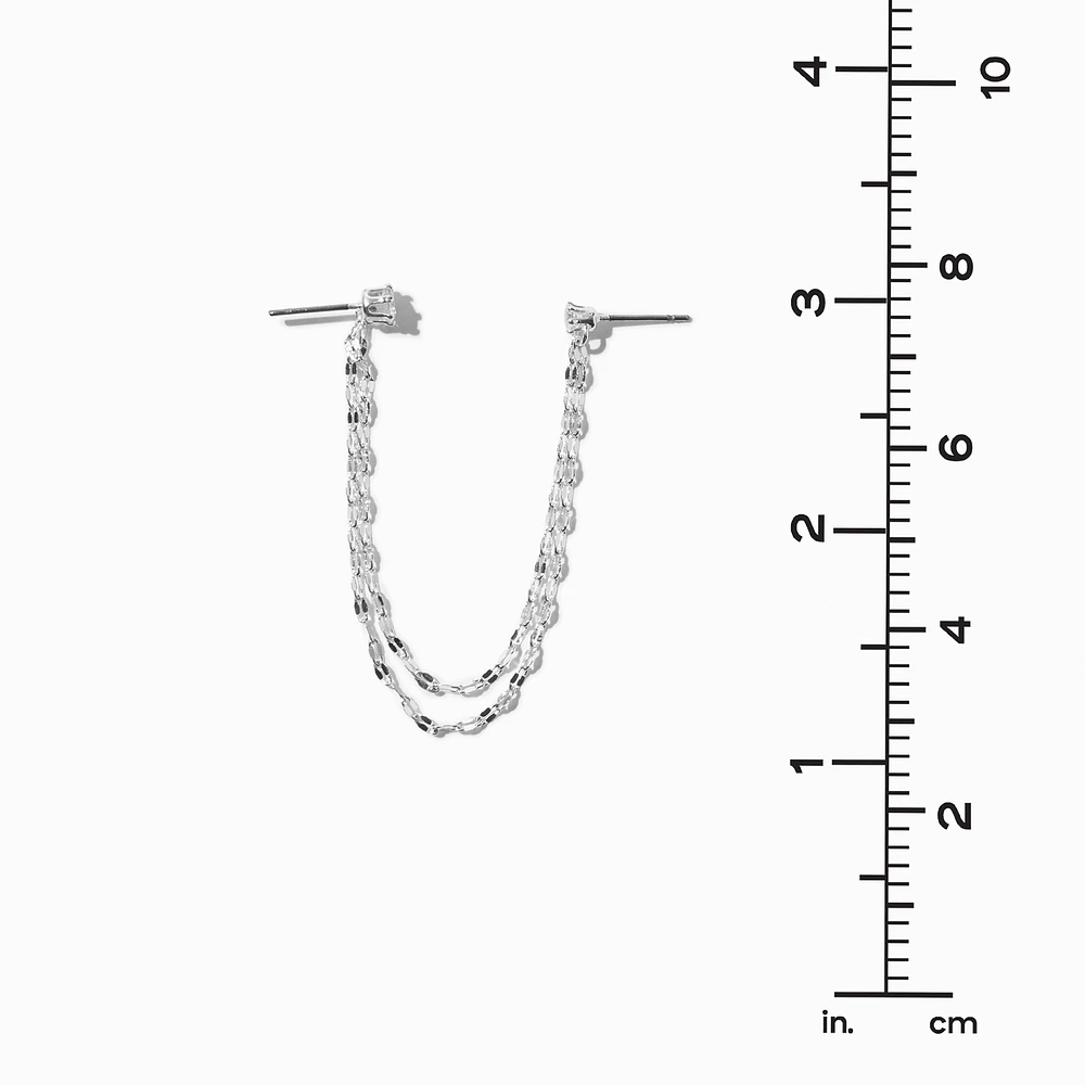 Silver-tone Cubic Zirconia Connector Chain Stud Earrings