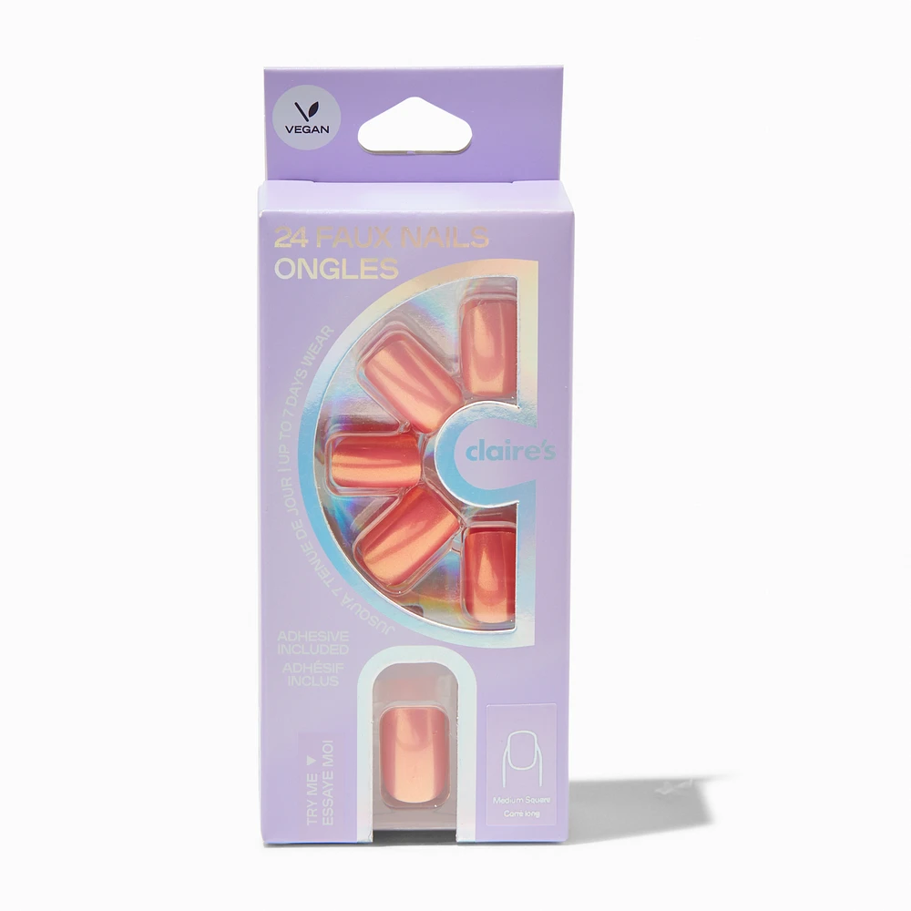 Coral Chrome Square Vegan Faux Nail Set - 24 Pack