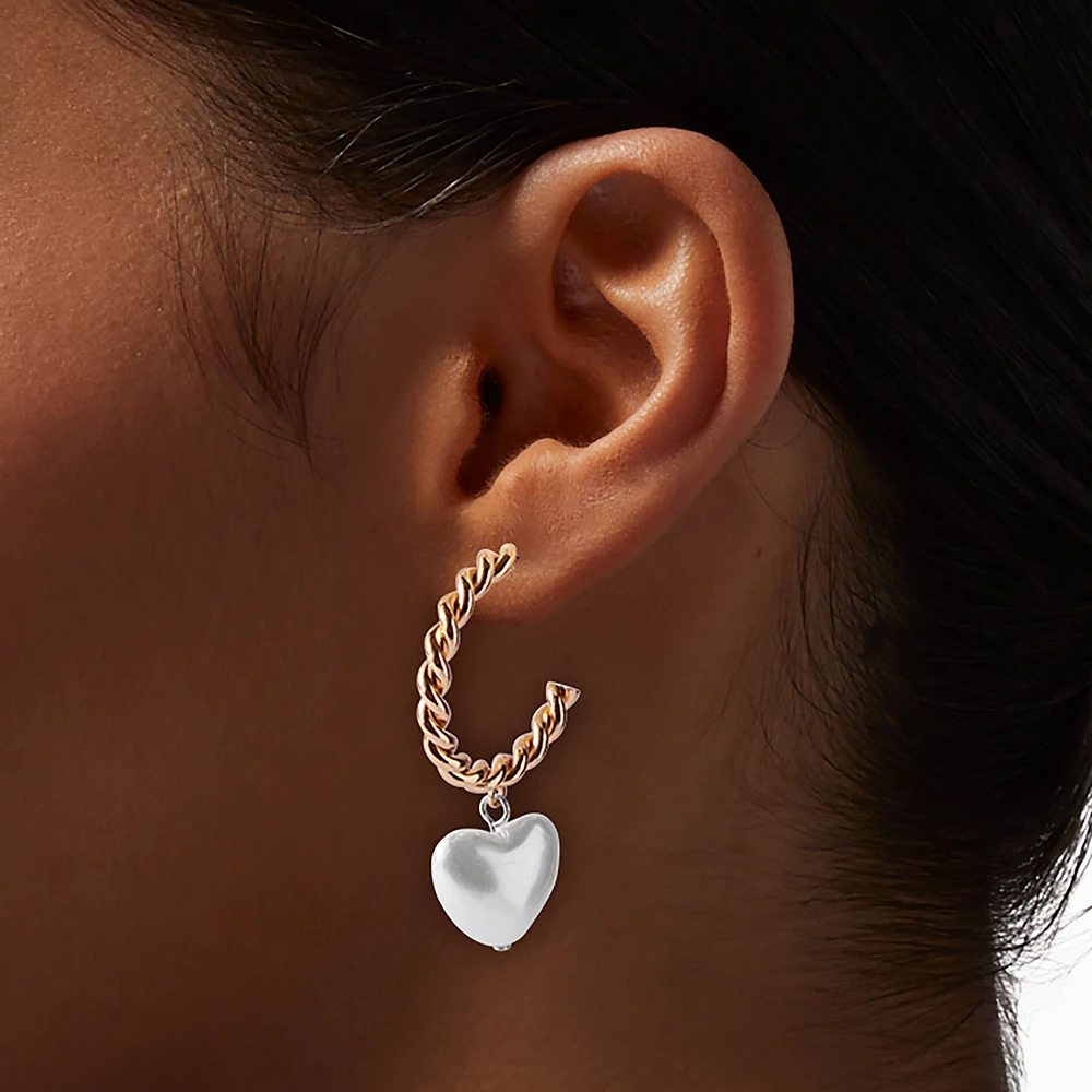 Gold-tone Twisted Pearl Heart Hoop Earrings