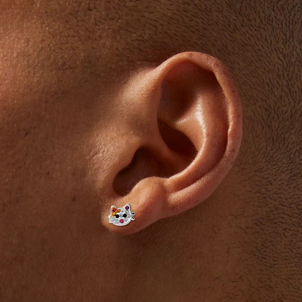 Sterling Silver Crystal Cat Stud Earrings