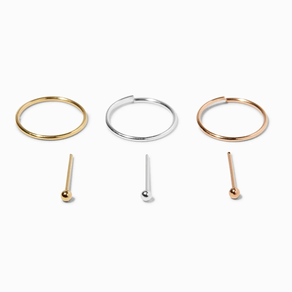 Sterling Silver Mixed Metal 22G Nose Studs & Hoops - 6 Pack